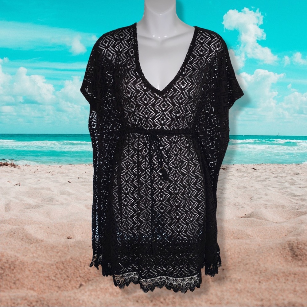 Black Lace Cover Up With Butterfly Arms & Elastic Waist With Tassel Ties